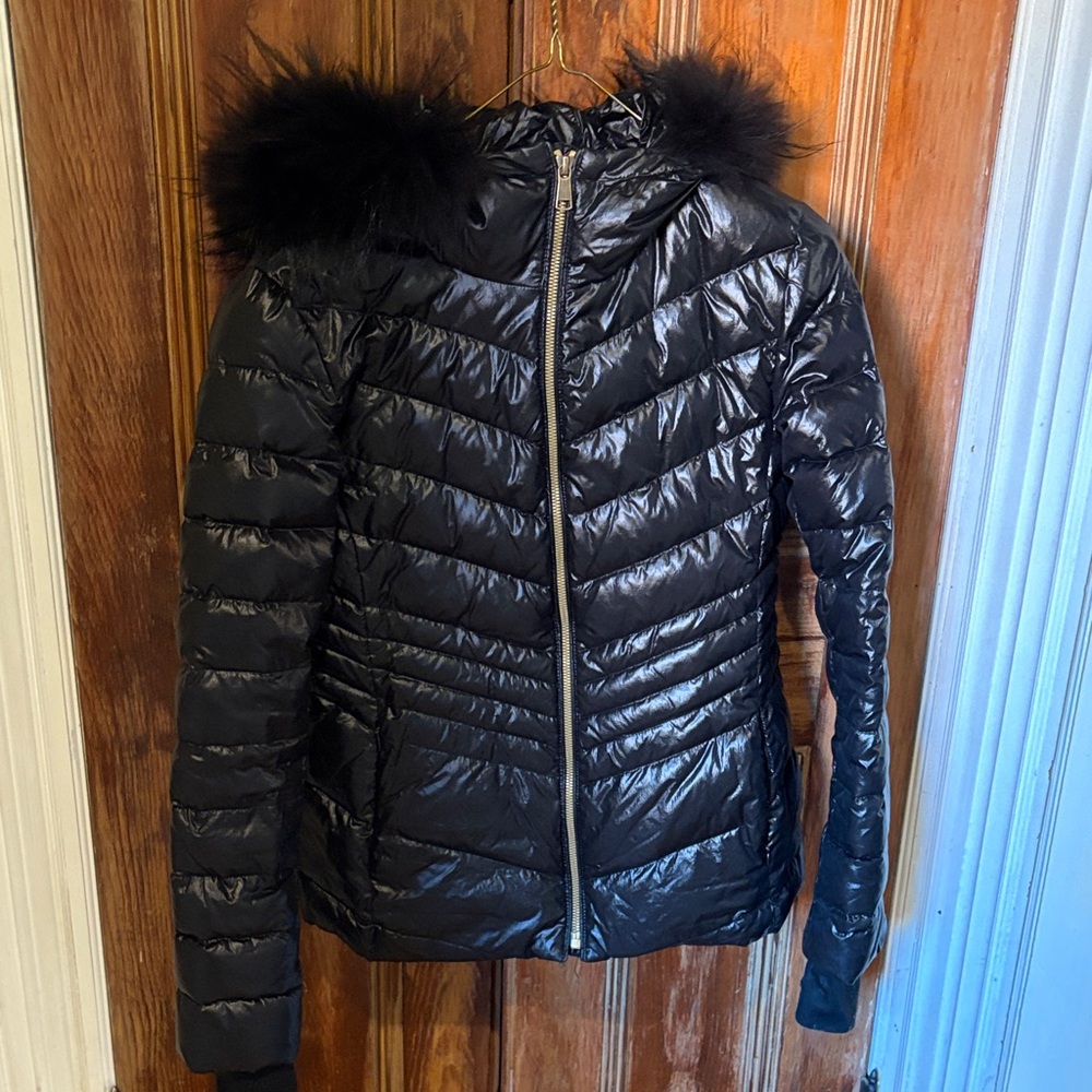Andrew Marc Shiny Black Puffer Jacket with Faux Fur Hood